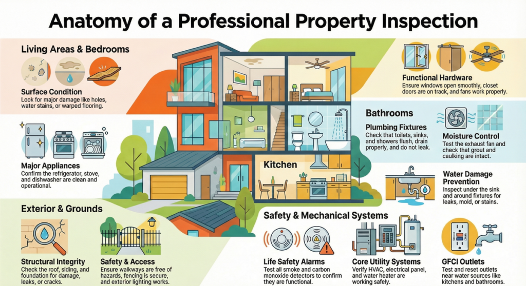 Infographic showing a cross-section of a house with labeled tips for inspecting living areas, bedrooms, bathrooms, kitchen, exterior, and safety systems in a property inspection.