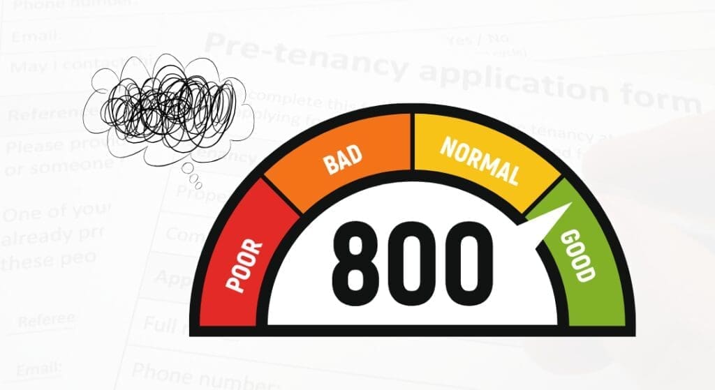 A semi-circular gauge shows a credit score of 800 in the "Good" range. A thought bubble with a scribble appears next to it.