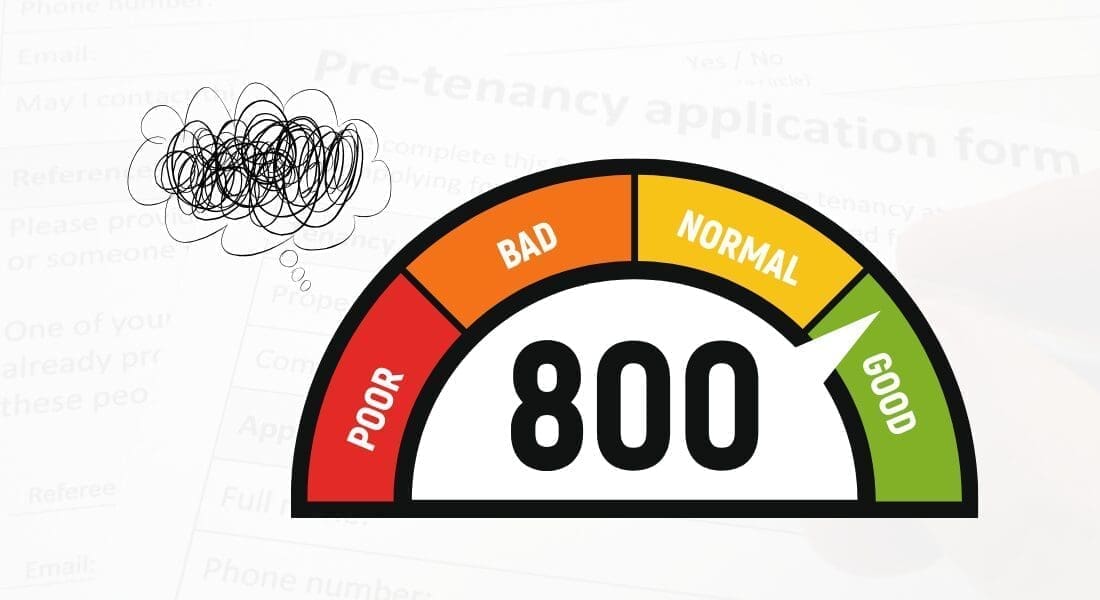 A semi-circular gauge shows a credit score of 800 in the "Good" range. A thought bubble with a scribble appears next to it.