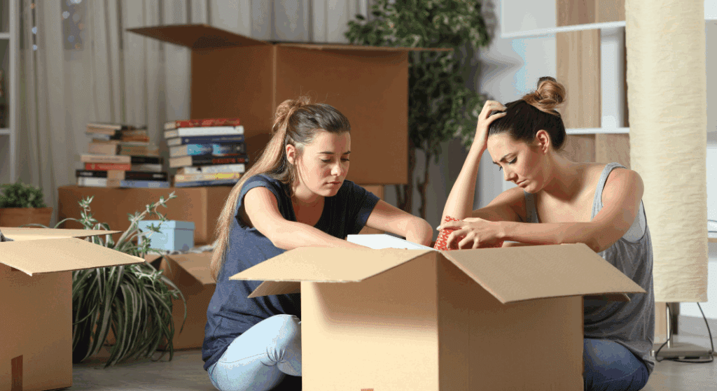 Two women sit on the floor surrounded by moving boxes, looking down with serious expressions while unpacking items in a living room.