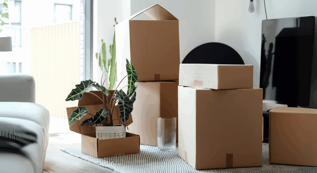 Several cardboard moving boxes, a potted plant, and a glass vase are arranged on a rug in a bright living room near a TV and a window.