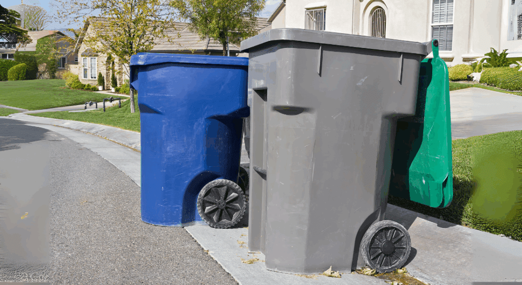 Three large garbage bins—blue, gray, and green—are placed on the curbside in a residential neighborhood on a sunny day.