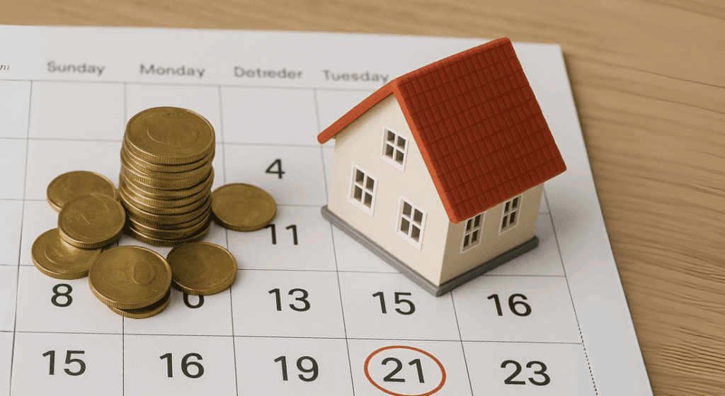 A model house and stacks of coins are placed on a calendar, with the 21st day circled in red.