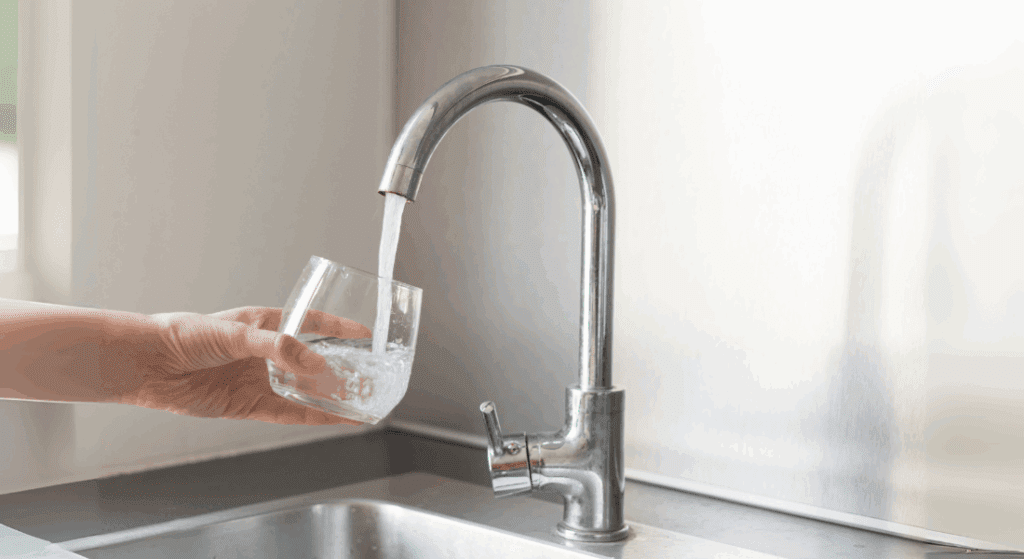 A hand holds a glass under a kitchen faucet as water pours into the glass over a stainless steel sink.
