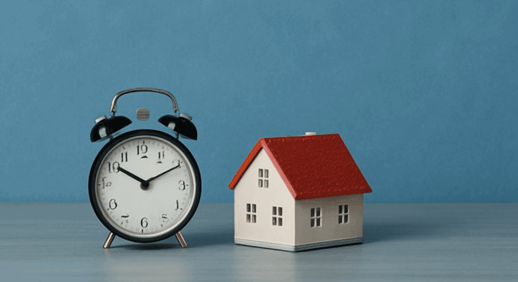 A small model house next to a clock.