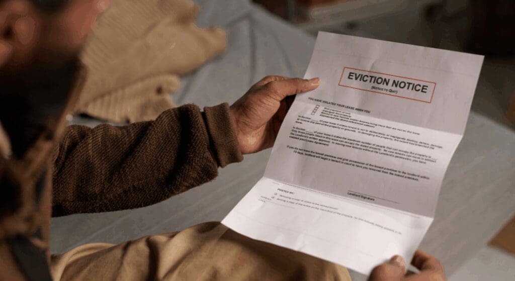 A person holds and reads an eviction notice letter printed on white paper.