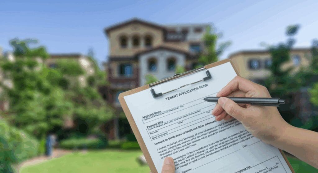 A person fills out a tenant application form on a clipboard, with an apartment building and greenery visible in the background.
