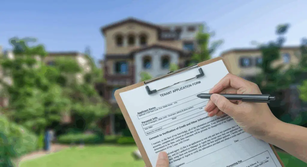 A person fills out a tenant application form on a clipboard, with an apartment building and greenery visible in the background.