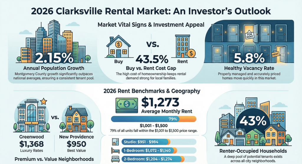Infographic detailing the 2026 Clarksville rental market outlook, showing growth rates, rent costs, vacancy rate, neighborhood rents, and percentage of renter-occupied households.