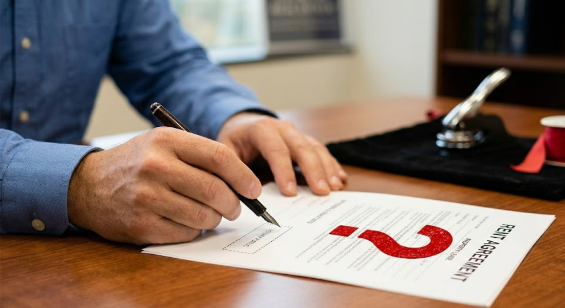 A person wearing a blue shirt signs a rent agreement document at a wooden desk, next to a notary stamp and a red ribbon.