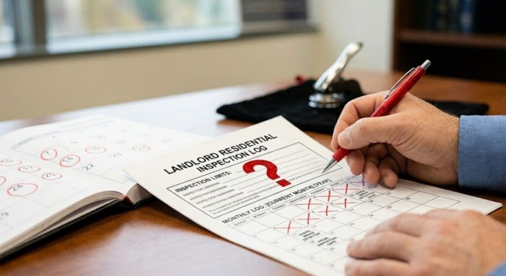 A person marks a landlord residential inspection log with a red pen at a desk, next to an open calendar and a notary stamp.