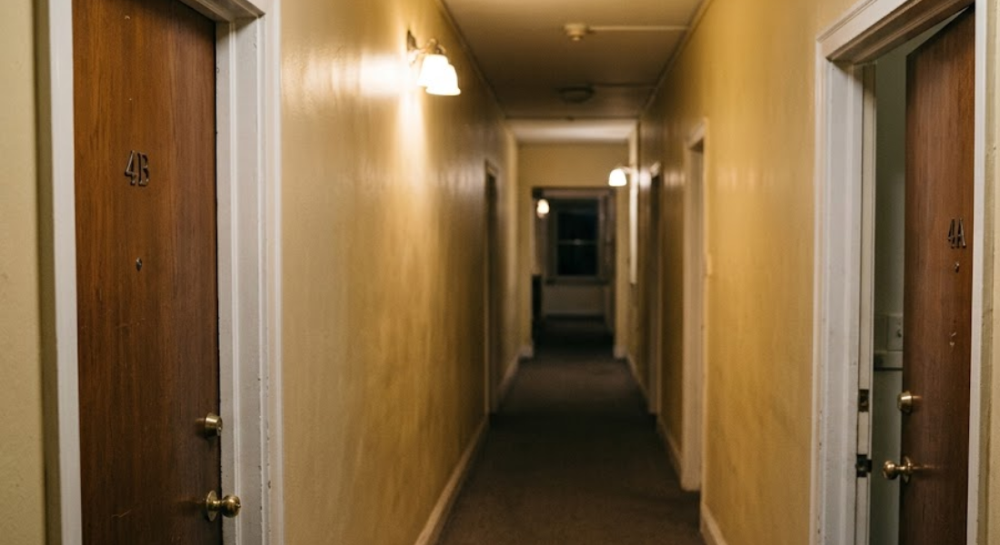 A dimly lit hallway with beige walls and brown doors labeled 4B and 4A, leading to a window at the far end.