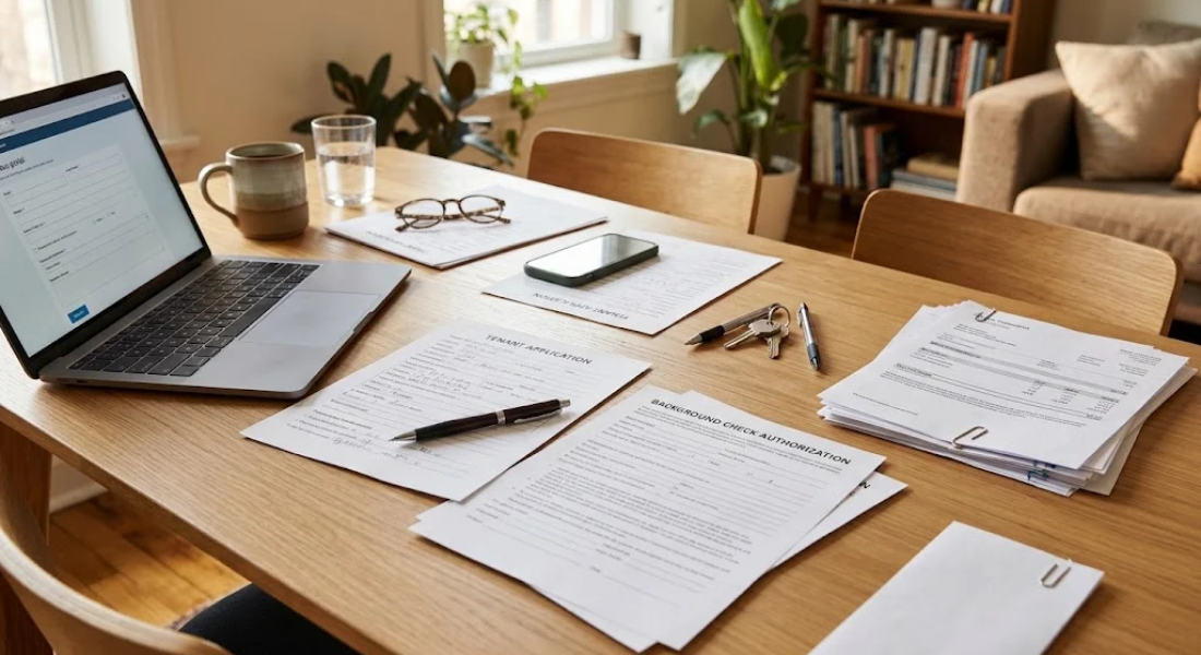 A laptop, a coffee mug, and tenant application forms spread across a wooden desk.
